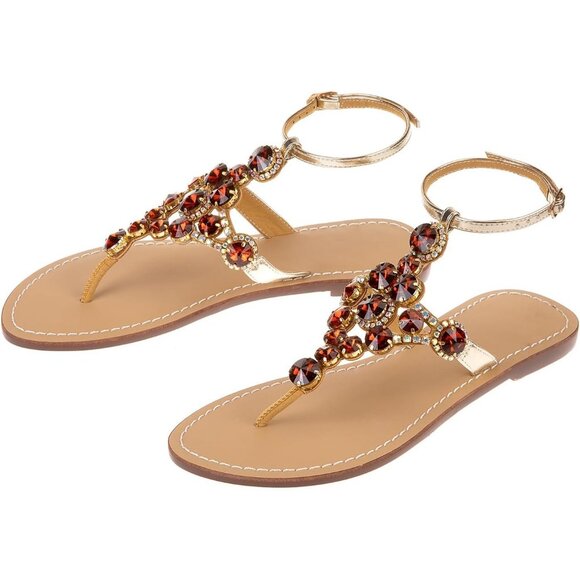 Women's Rhinestone Brown Upper Flat T Strap Thong Flip Flop Sandals Shoes - Picture 5 of 5